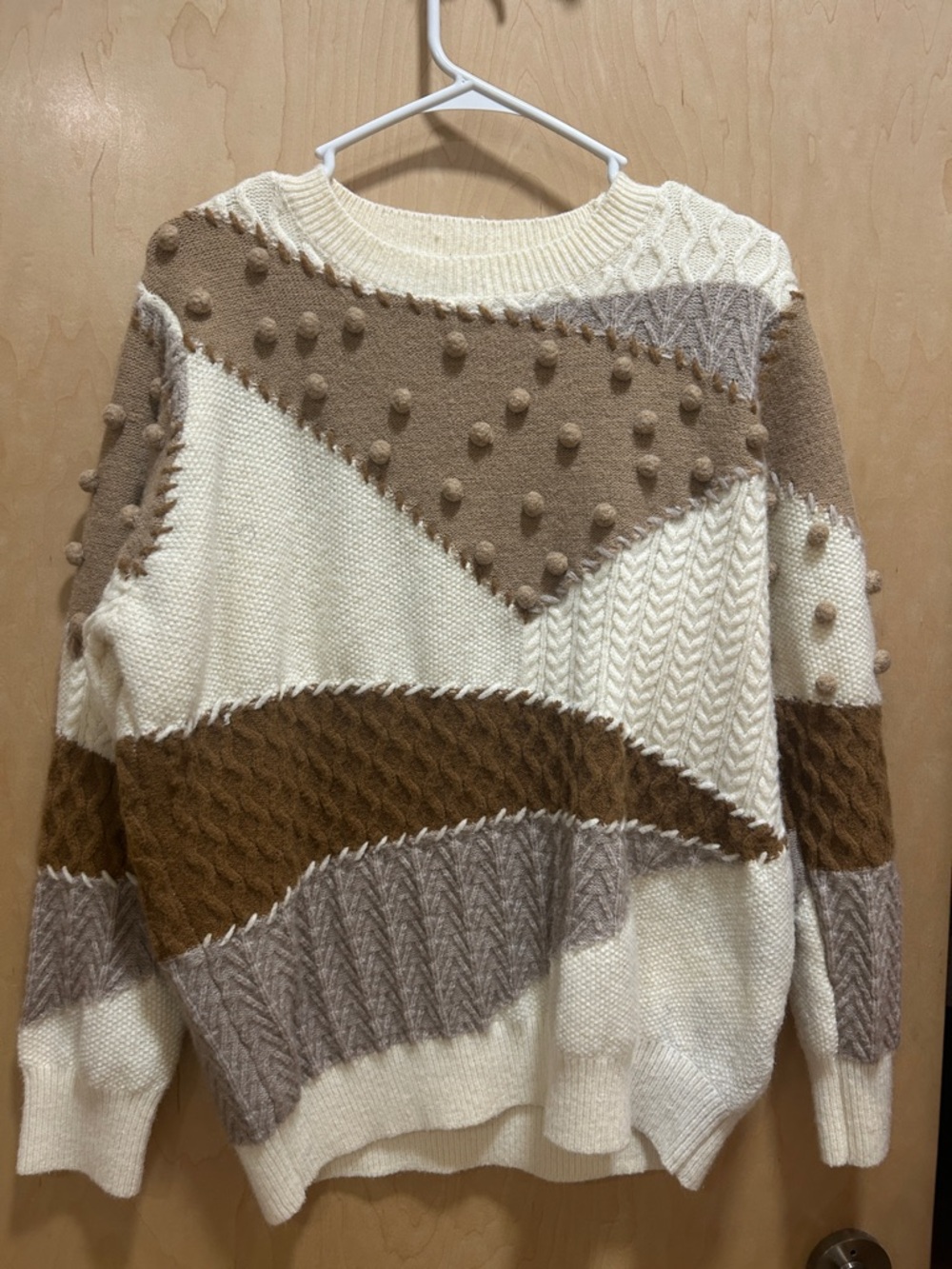 entro Patchwork Textured Crewneck Sweater - Cream, Tan & Brown